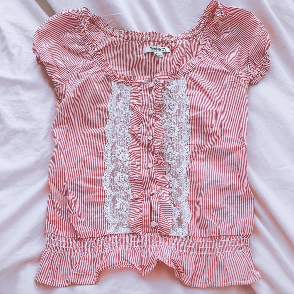 Forever 21 Pink and White Lace Trim Top